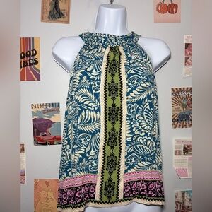 LOFT Teal, Green & Pink Halter Floral Print Top